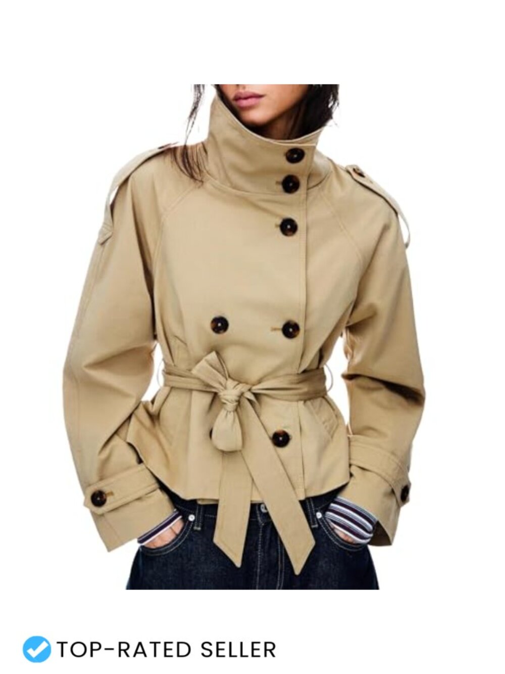 Women's Cropped Trench Coat Double Breasted Belted Funnel Neck Fall Jacket